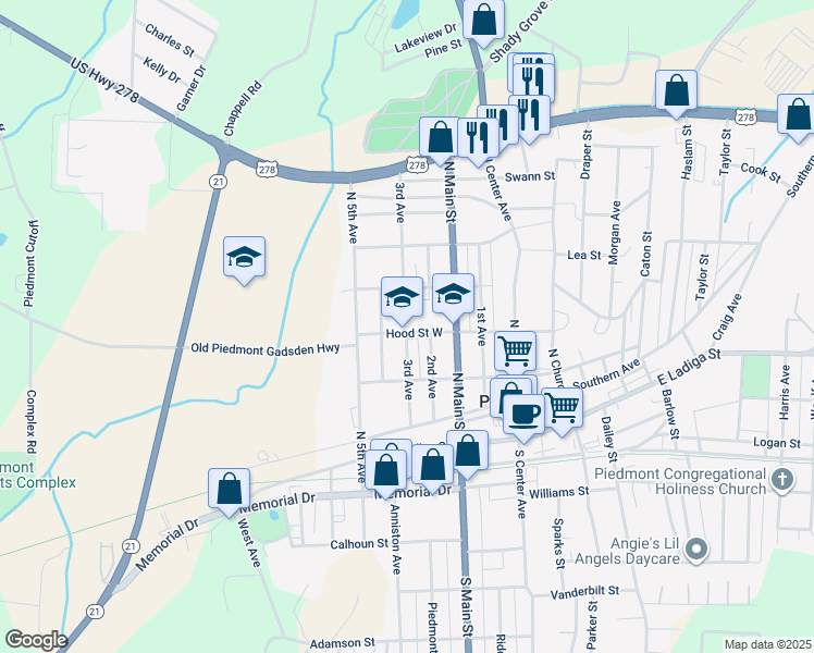 map of restaurants, bars, coffee shops, grocery stores, and more near 504 Hood Street West in Piedmont