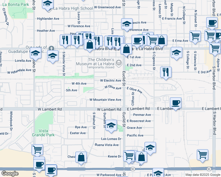 map of restaurants, bars, coffee shops, grocery stores, and more near 218 West Olive Avenue in La Habra