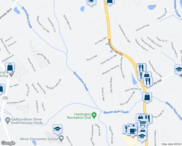 map of restaurants, bars, coffee shops, grocery stores, and more near 3866 Green Bay Drive Northwest in Lawrenceville