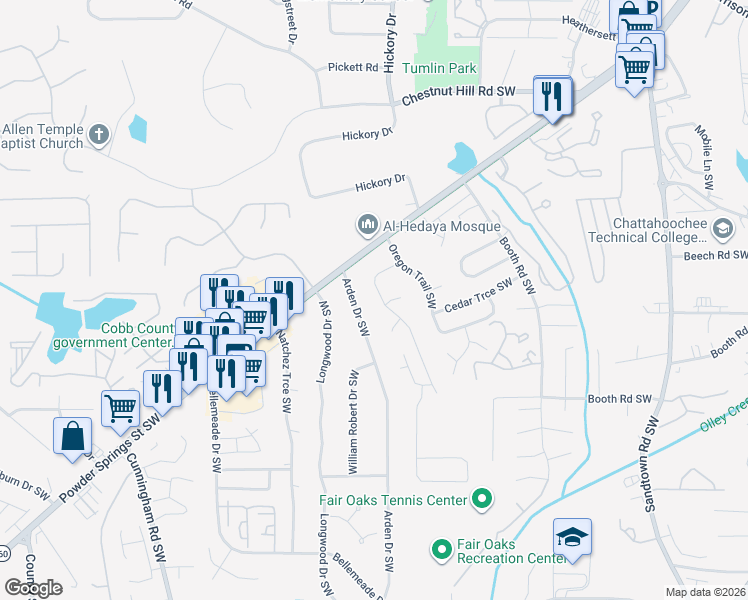 map of restaurants, bars, coffee shops, grocery stores, and more near 1028 Sugar Springs Drive Southwest in Marietta