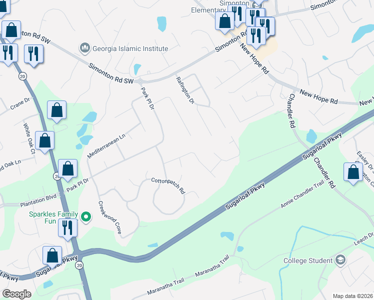 map of restaurants, bars, coffee shops, grocery stores, and more near 85 Stone Wood Lane in Lawrenceville