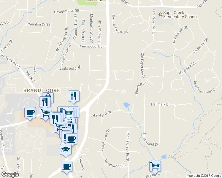 map of restaurants, bars, coffee shops, grocery stores, and more near 3193 Old Mill Trce in Marietta