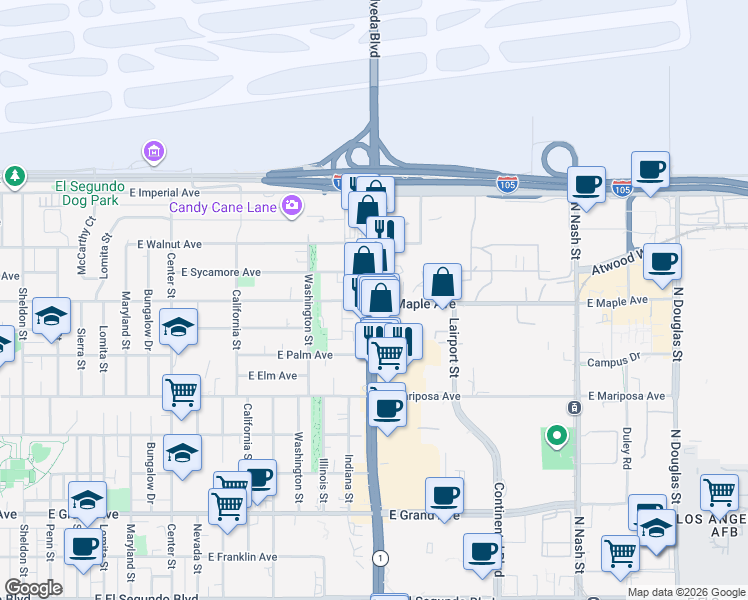 map of restaurants, bars, coffee shops, grocery stores, and more near N Sepulveda Blvd & E Maple Ave in El Segundo