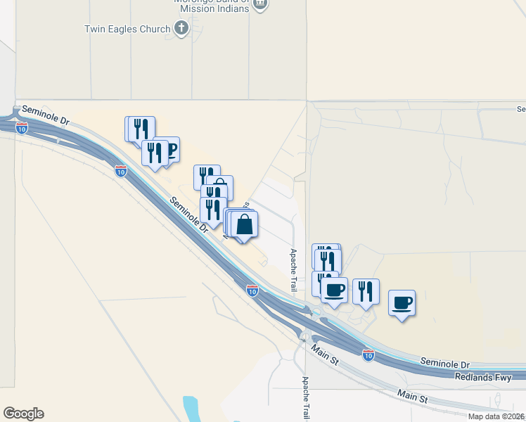map of restaurants, bars, coffee shops, grocery stores, and more near 13366 Apache Trail in Cabazon