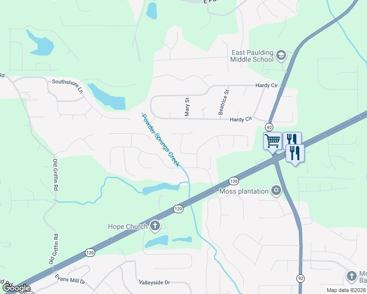 map of restaurants, bars, coffee shops, grocery stores, and more near 112 Creekside Drive in Dallas
