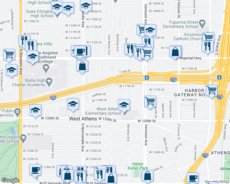 map of restaurants, bars, coffee shops, grocery stores, and more near 11720 South Budlong Avenue in Los Angeles