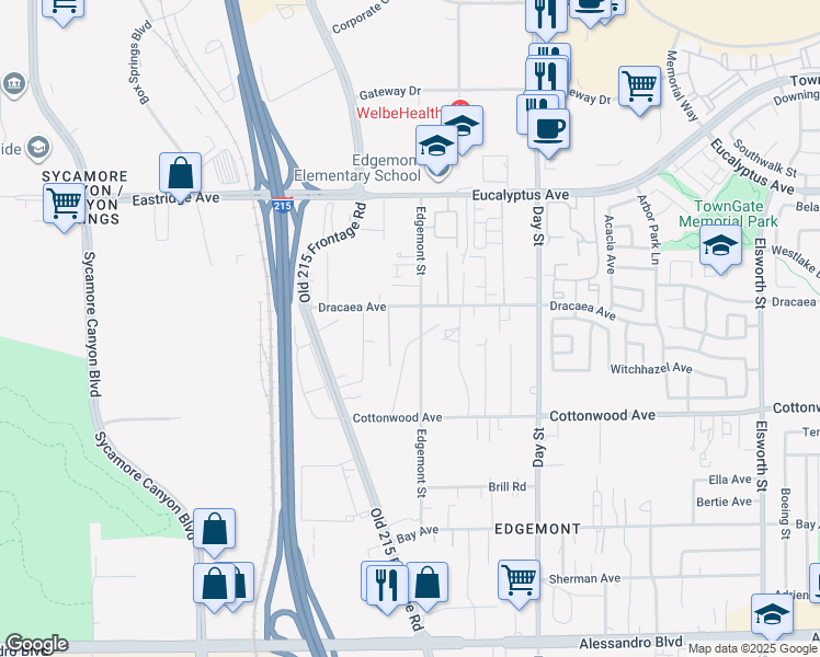 map of restaurants, bars, coffee shops, grocery stores, and more near 13293 Edgemont Street in Moreno Valley