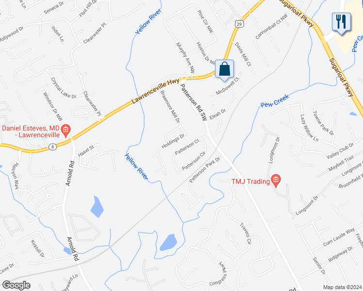 map of restaurants, bars, coffee shops, grocery stores, and more near 1905 Patterson Court in Lawrenceville