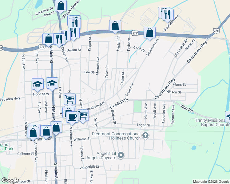 map of restaurants, bars, coffee shops, grocery stores, and more near 108 Haslam Street in Piedmont