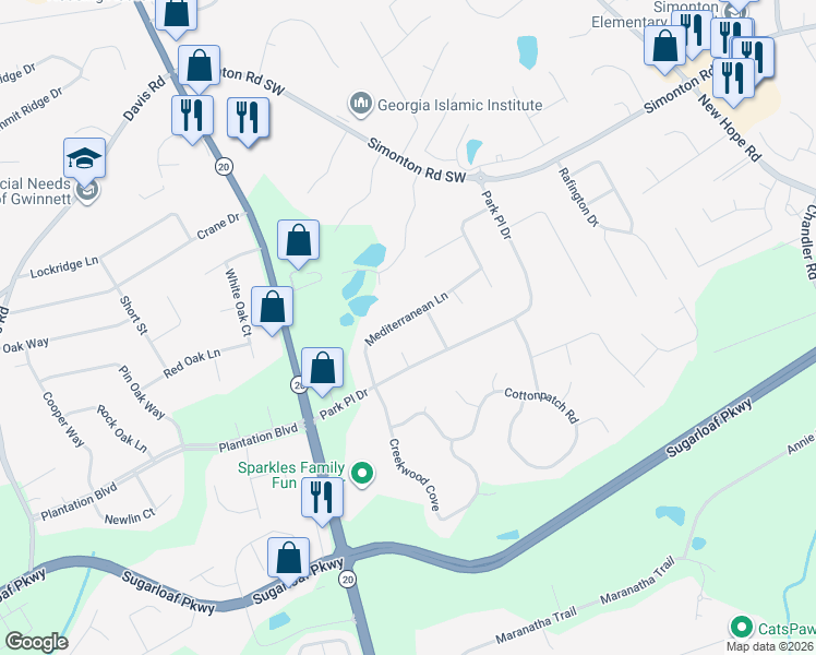 map of restaurants, bars, coffee shops, grocery stores, and more near 222 Mediterranean Lane in Lawrenceville