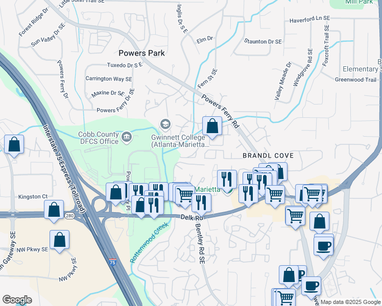 map of restaurants, bars, coffee shops, grocery stores, and more near 602 Ivy Green Lane Southeast in Marietta
