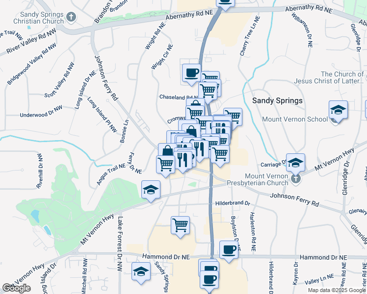 map of restaurants, bars, coffee shops, grocery stores, and more near 342 Sandy Springs Circle in Atlanta