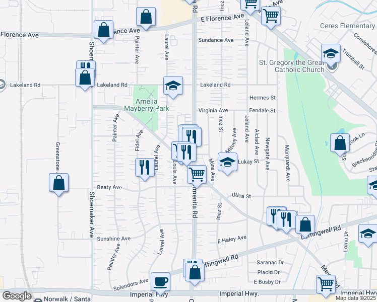 map of restaurants, bars, coffee shops, grocery stores, and more near 11511 Carmenita Road in Whittier
