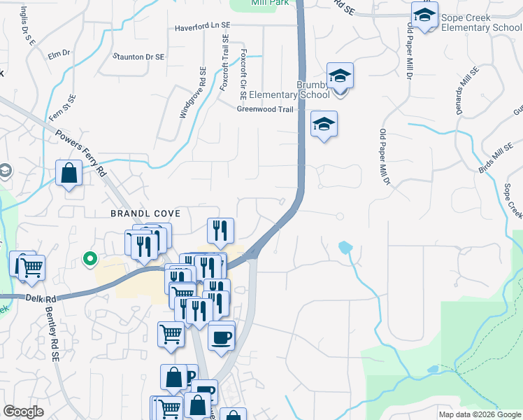map of restaurants, bars, coffee shops, grocery stores, and more near 1027 Greyfield Drive in Marietta