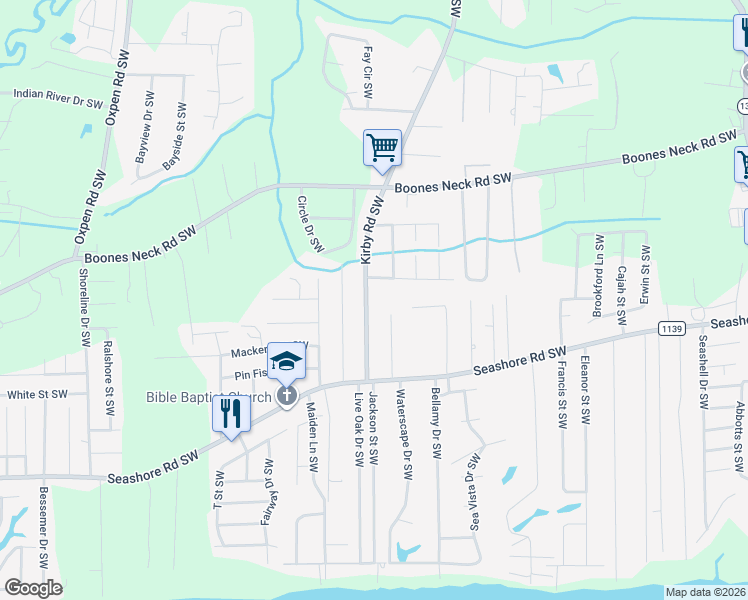 map of restaurants, bars, coffee shops, grocery stores, and more near 2474 Kirby Road Southwest in Brunswick County