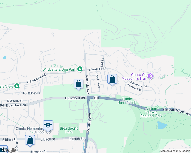 map of restaurants, bars, coffee shops, grocery stores, and more near 3650 Owl Place in Brea