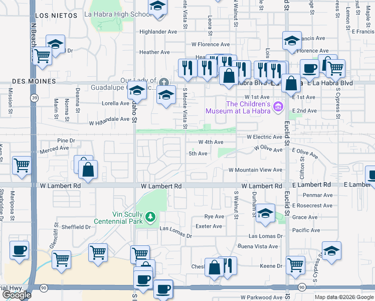 map of restaurants, bars, coffee shops, grocery stores, and more near 743 5th Avenue in La Habra