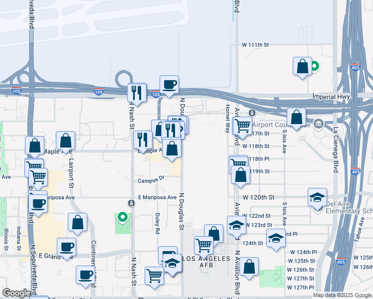 map of restaurants, bars, coffee shops, grocery stores, and more near 700 North Douglas Street in El Segundo