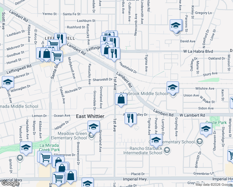 map of restaurants, bars, coffee shops, grocery stores, and more near in Whittier