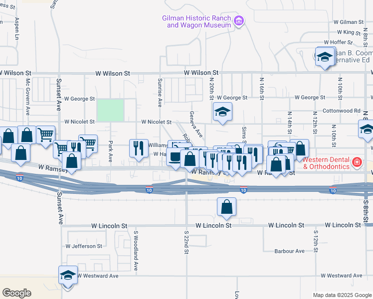 map of restaurants, bars, coffee shops, grocery stores, and more near 2160 West Williams Street in Banning
