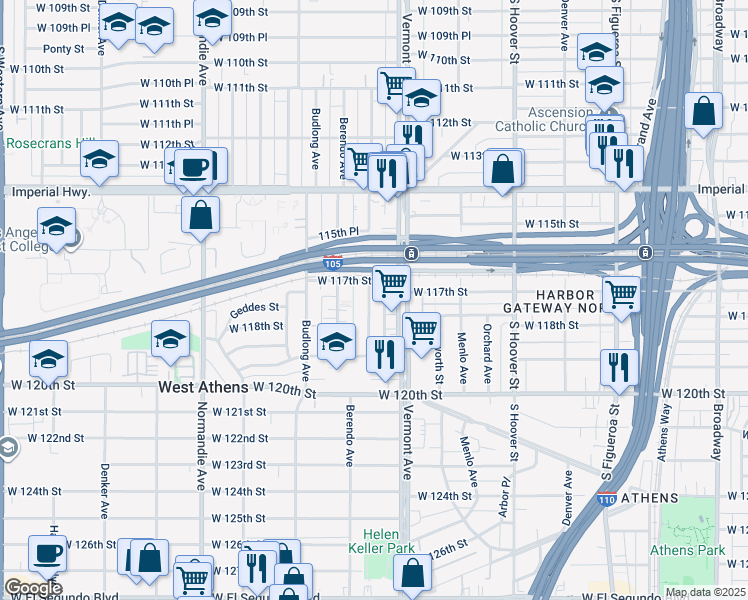 map of restaurants, bars, coffee shops, grocery stores, and more near 11722 New Hampshire Avenue in Los Angeles