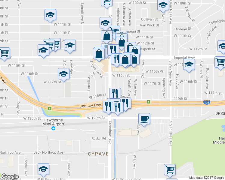 map of restaurants, bars, coffee shops, grocery stores, and more near 11722 Crenshaw Boulevard in Inglewood