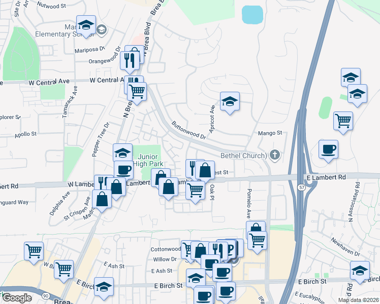 map of restaurants, bars, coffee shops, grocery stores, and more near 522 Cliffwood Avenue in Brea
