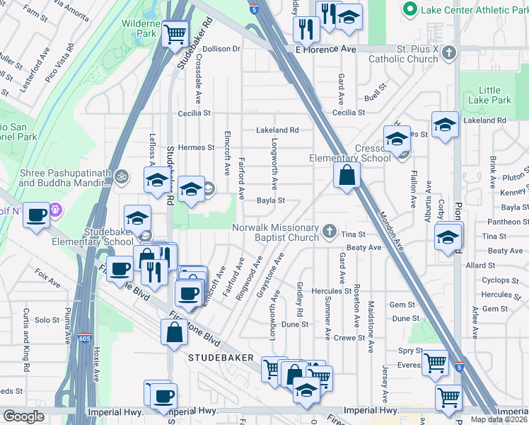 map of restaurants, bars, coffee shops, grocery stores, and more near 11237 Pantheon St in Norwalk