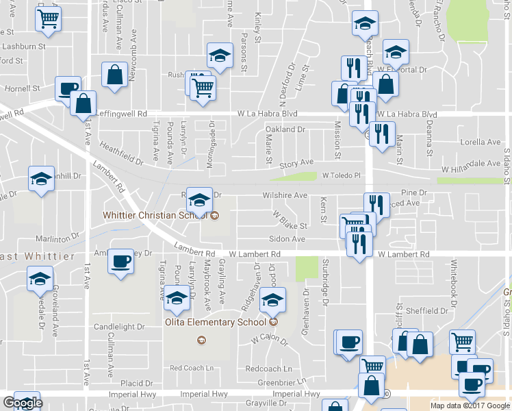 map of restaurants, bars, coffee shops, grocery stores, and more near 2541 Union Avenue in La Habra