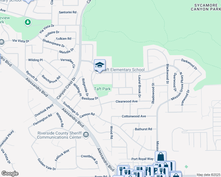 map of restaurants, bars, coffee shops, grocery stores, and more near 909 Basilone Drive in Riverside