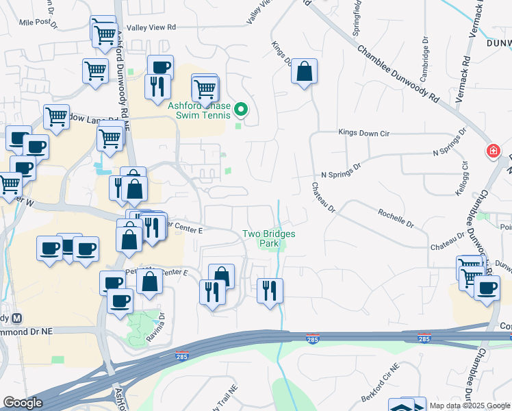 map of restaurants, bars, coffee shops, grocery stores, and more near Perimeter Lofts Circle in Dunwoody