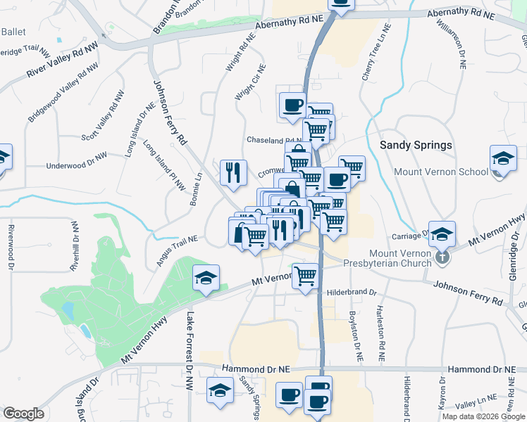 map of restaurants, bars, coffee shops, grocery stores, and more near 280 Sandy Springs Circle in Sandy Springs