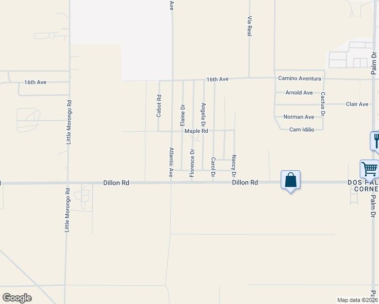 map of restaurants, bars, coffee shops, grocery stores, and more near 16703 Florence Drive in Desert Hot Springs