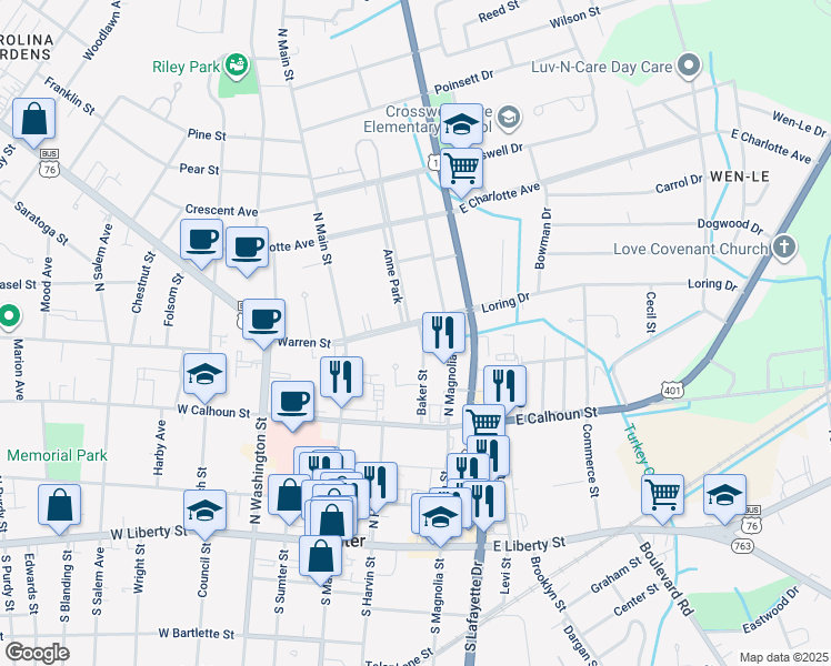 map of restaurants, bars, coffee shops, grocery stores, and more near 30 Loring Drive in Sumter