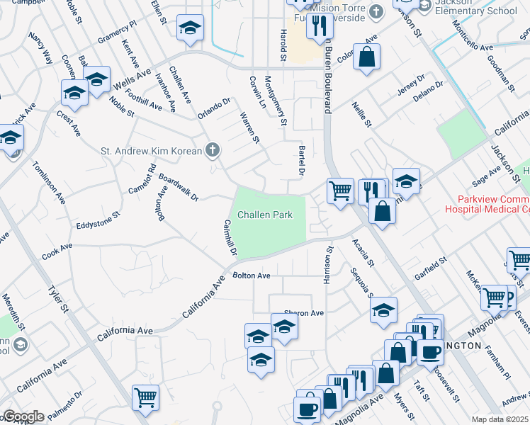 map of restaurants, bars, coffee shops, grocery stores, and more near 4602 Challen Avenue in Riverside