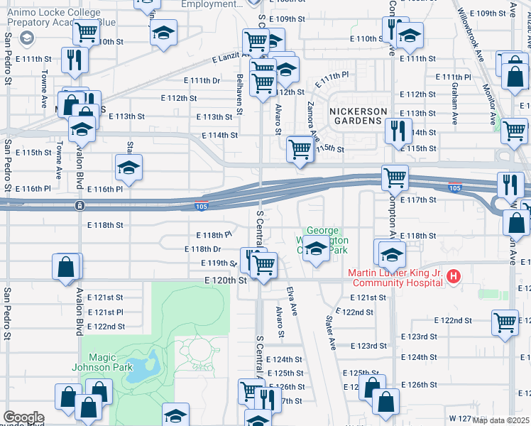 map of restaurants, bars, coffee shops, grocery stores, and more near 11708 South Central Avenue in Los Angeles