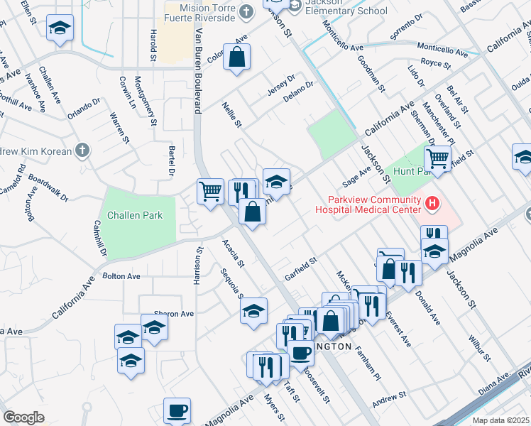 map of restaurants, bars, coffee shops, grocery stores, and more near 9404 California Avenue in Riverside