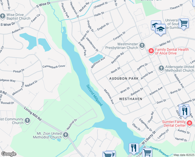 map of restaurants, bars, coffee shops, grocery stores, and more near 721 Mattison Avenue in Sumter