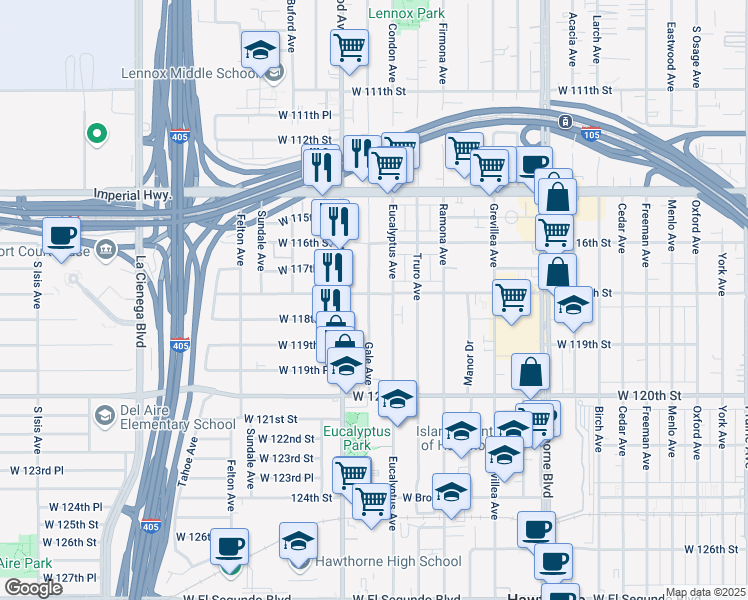 map of restaurants, bars, coffee shops, grocery stores, and more near 4760 West 118th Street in Hawthorne