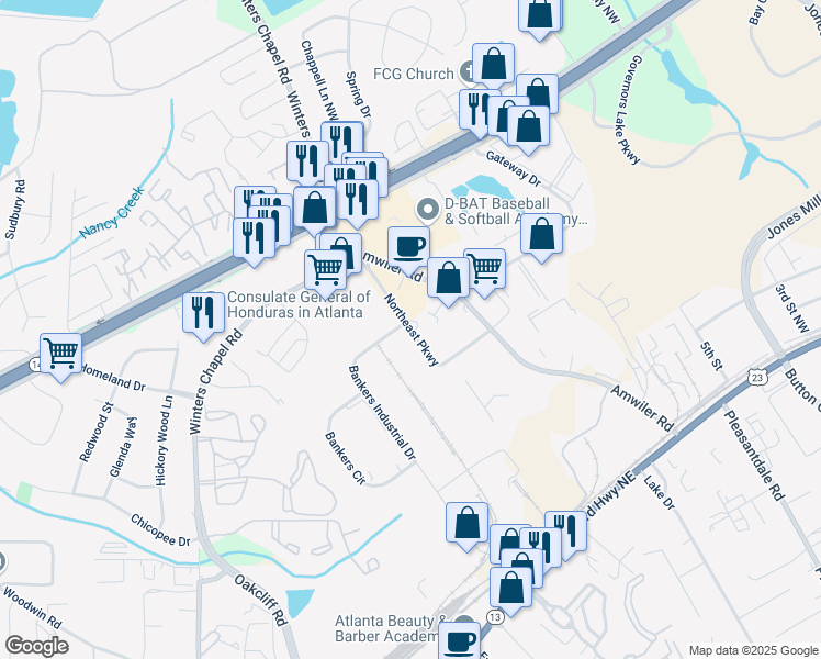 map of restaurants, bars, coffee shops, grocery stores, and more near 3009 Bankers Industrial Drive in Atlanta