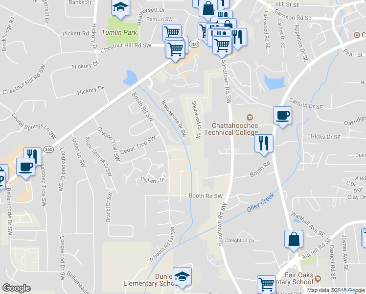 map of restaurants, bars, coffee shops, grocery stores, and more near 294 East Burns Court Southwest in Marietta