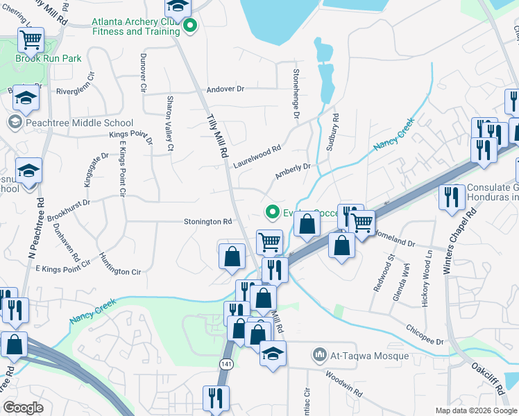 map of restaurants, bars, coffee shops, grocery stores, and more near 4487 Binghamton Court in Atlanta