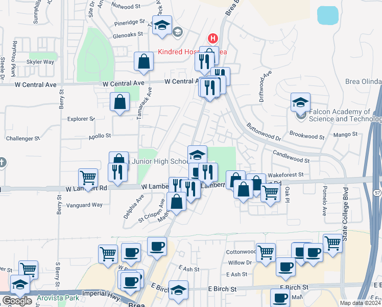 map of restaurants, bars, coffee shops, grocery stores, and more near 605 North Brea Boulevard in Brea