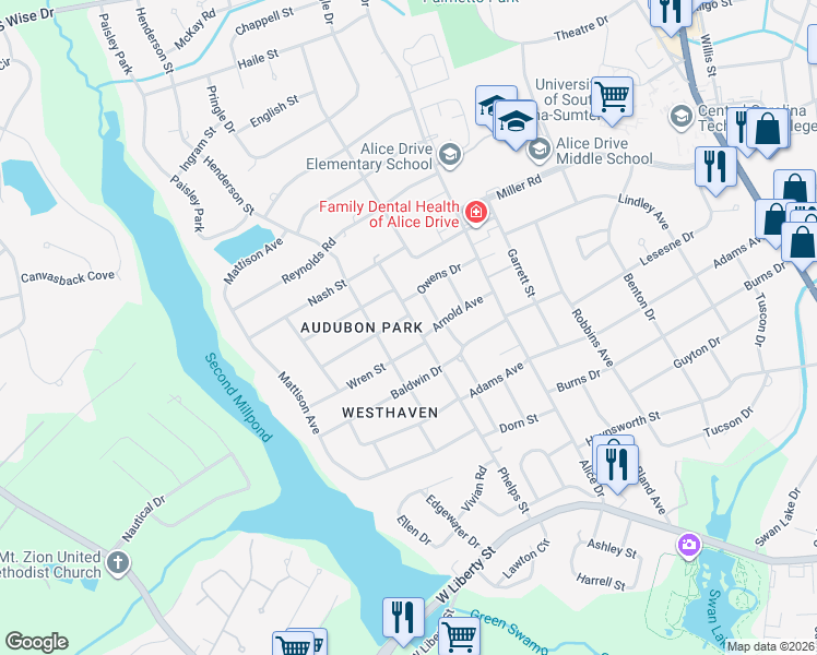 map of restaurants, bars, coffee shops, grocery stores, and more near 602 Cardinal Street in Sumter