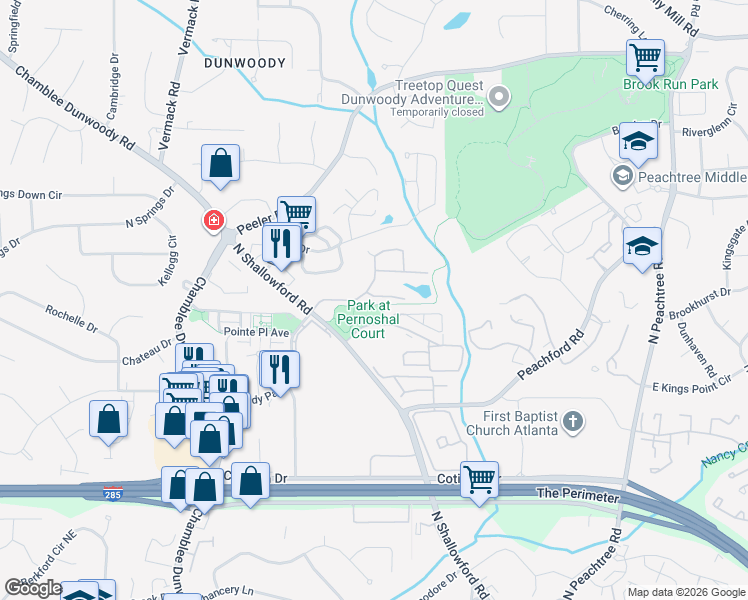 map of restaurants, bars, coffee shops, grocery stores, and more near 3701 Lake Ridge Lane in Dunwoody