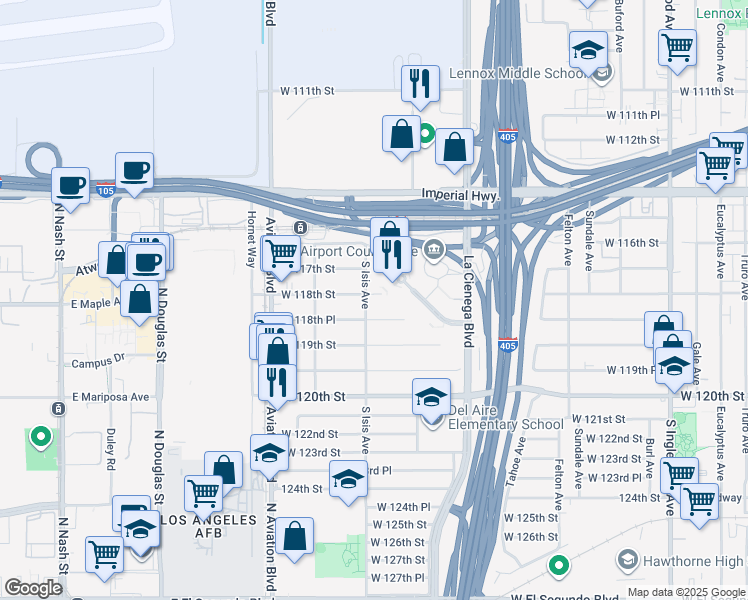 map of restaurants, bars, coffee shops, grocery stores, and more near 5354 West 118th Street in Inglewood
