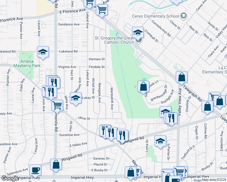 map of restaurants, bars, coffee shops, grocery stores, and more near 11502 Marquardt Avenue in Whittier