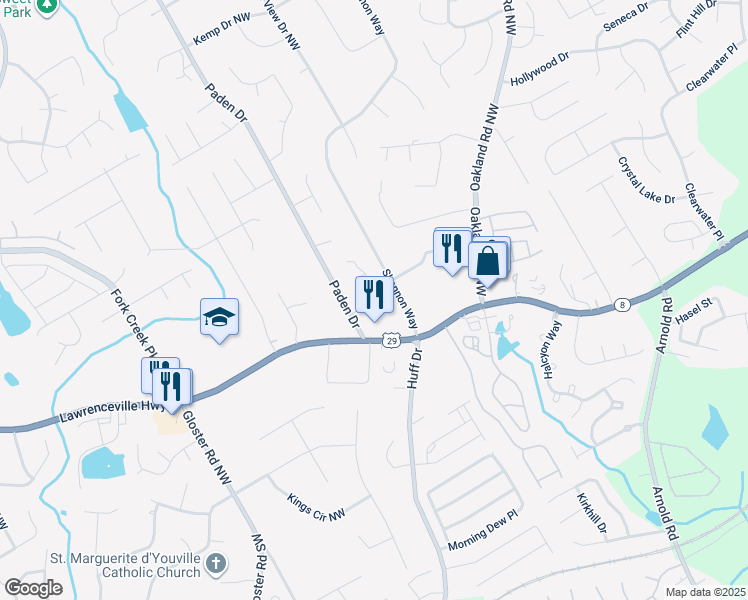 map of restaurants, bars, coffee shops, grocery stores, and more near 298 Paden Cove Trail in Lawrenceville