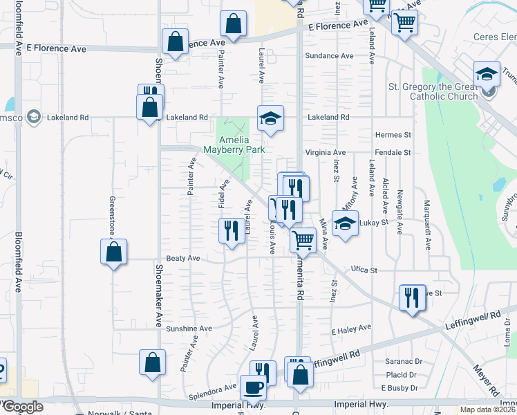 map of restaurants, bars, coffee shops, grocery stores, and more near 13264 Meyer Road in Whittier