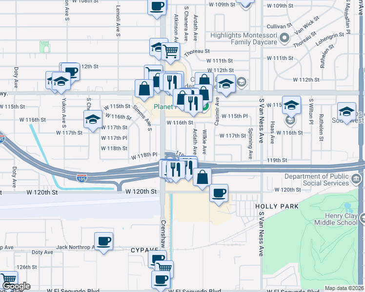 map of restaurants, bars, coffee shops, grocery stores, and more near 11803 Chanera Avenue in Hawthorne
